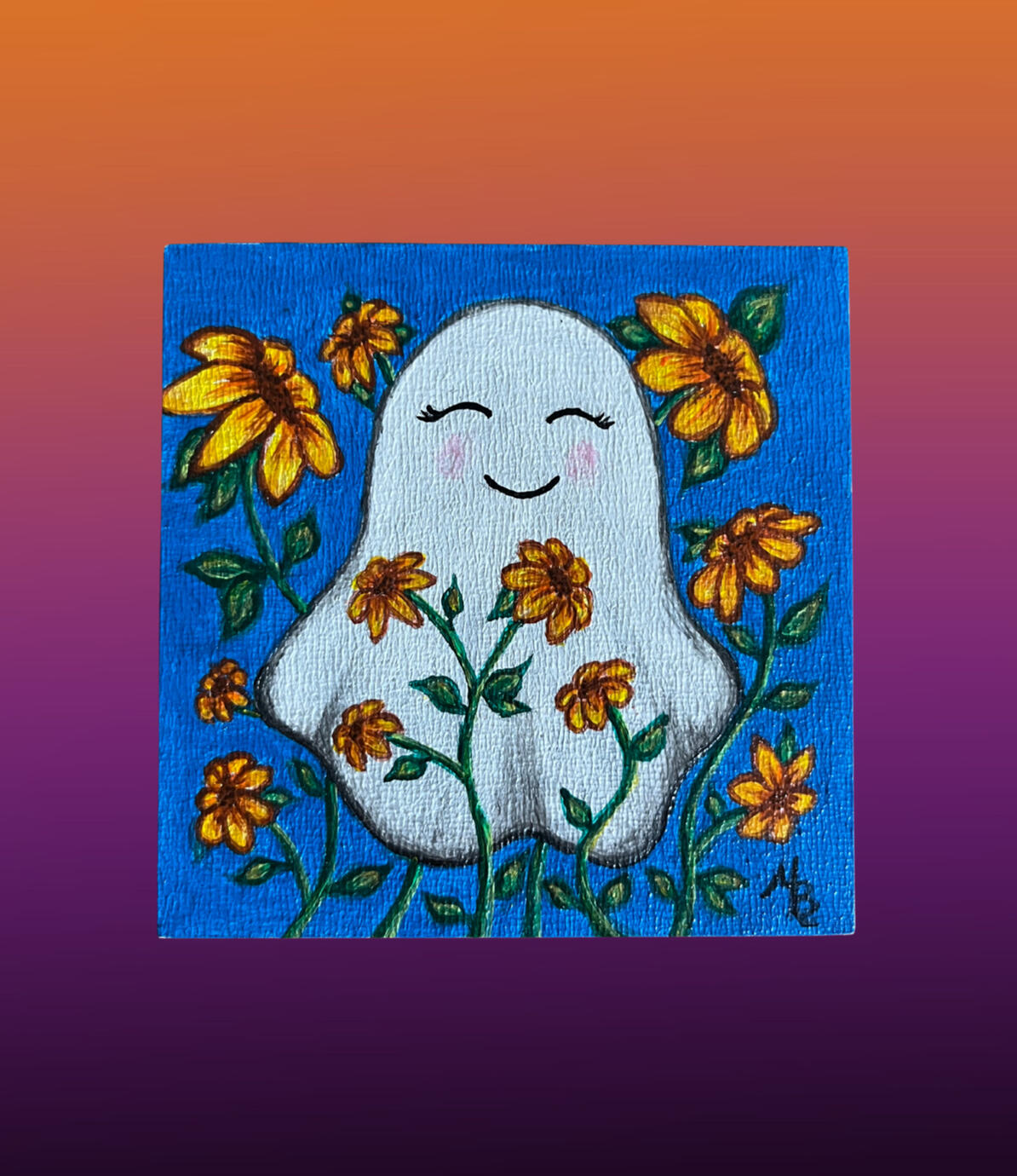 Happy Floral Ghost - acrylic on 4x4 panel